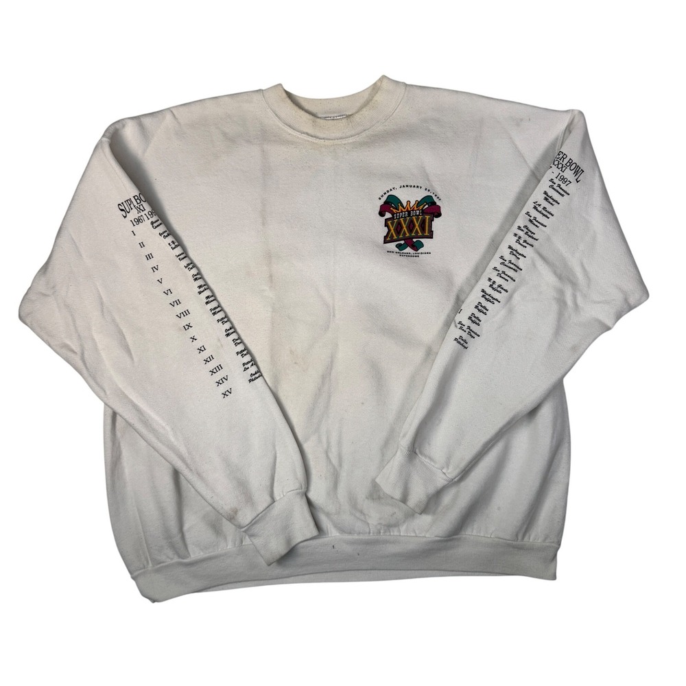 Vintage 1997 Grey Super Bowl XXXI Patriots vs. Packers Football Crewneck Size XL